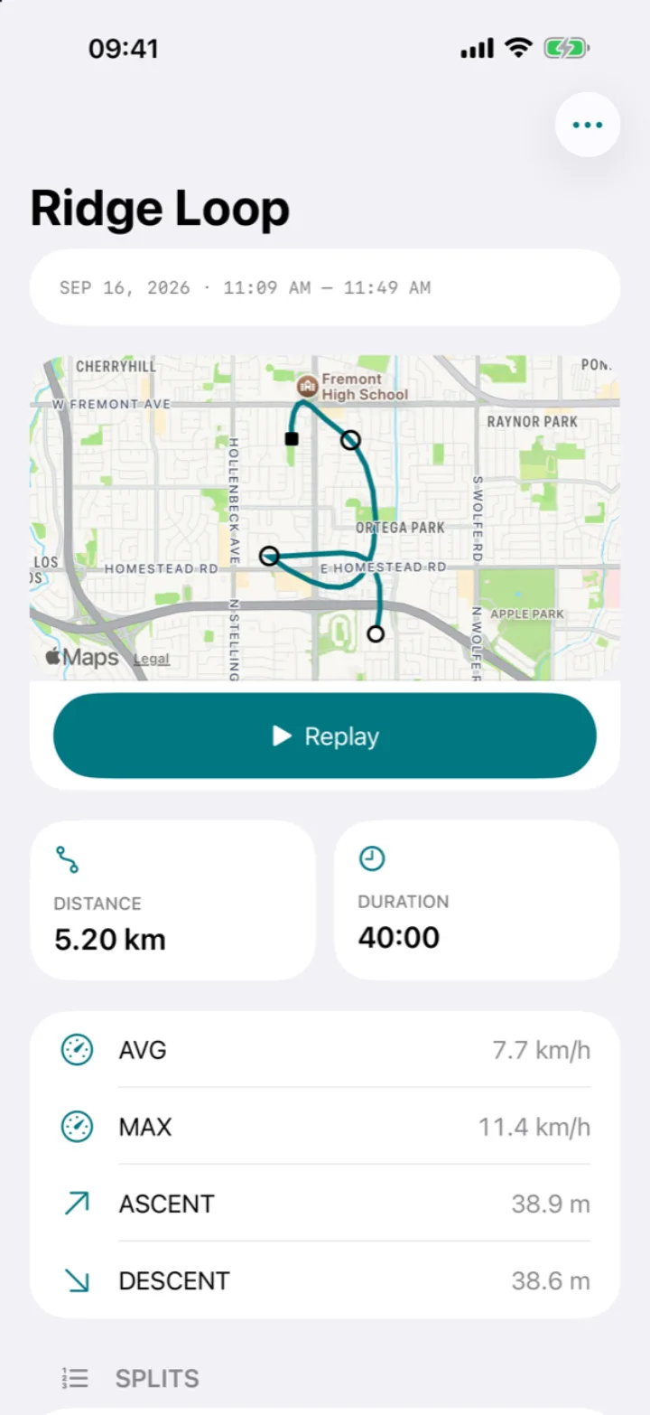 Saved route with a map, distance, duration and elevation statistics