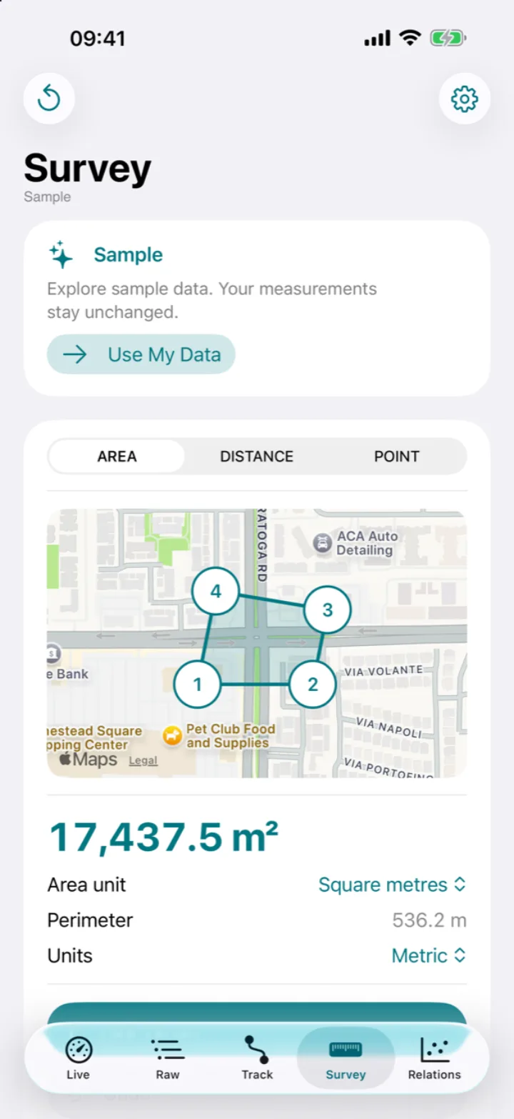 Survey sample showing an estimated area and perimeter